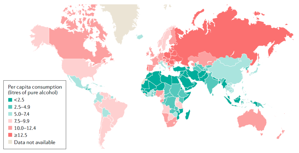 Global total alcohol per capita consumption
A map showing the total alcohol per capita consumption by región in individuals >15 years of age in 2010. Data from the global WHO report 2014
