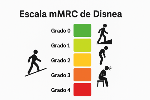 Infografía de la Escala mMRC de Disnea, que representa los cinco grados de dificultad respiratoria desde el Grado 0 (sin disnea) hasta el Grado 4 (disnea severa al mínimo esfuerzo), mediante íconos y colores que facilitan su interpretación clínica.