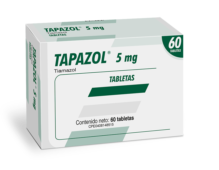 Presentación de Tapazol® 5 mg, tiamazol en tabletas, utilizado en el tratamiento del hipertiroidismo.