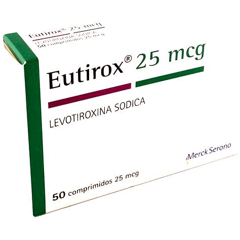 Caja de presentación de Eutirox® 25 mcg, medicamento a base de levotiroxina sódica utilizado en el tratamiento del hipotiroidismo. Fabricado por Merck Serono