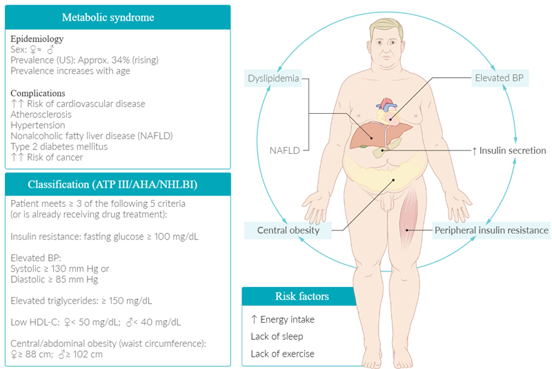 Ilustración del síndrome metabólico que muestra sus principales características clínicas, factores de riesgo y complicaciones. Se destacan la obesidad central, dislipidemia, hipertensión arterial, resistencia periférica a la insulina y enfermedad del hígado graso no alcohólico (NAFLD). También se incluyen los criterios diagnósticos según ATP III/AHA/NHLBI y los factores de riesgo como el exceso de ingesta calórica, la falta de sueño y la inactividad física.