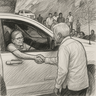 Imagen simbólica que refleja la alarmante realidad en México: un apretón de manos entre figuras de poder y la insinuación sutil del crimen organizado