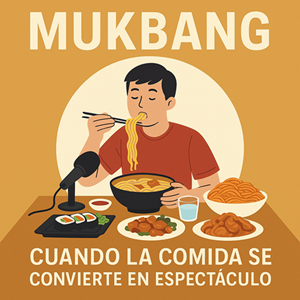 Ilustración de un creador de contenido realizando un mukbang: una transmisión en vivo mientras consume grandes cantidades de comida. Este fenómeno viral refleja cómo el acto de comer puede transformarse en entretenimiento digital.