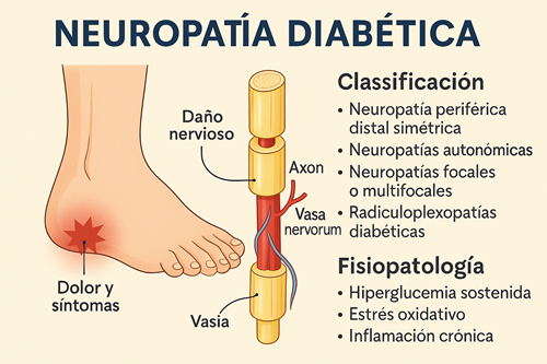 Representación esquemática de la neuropatía diabética, destacando el daño nervioso periférico, los síntomas comunes y la clasificación clínica. Se ilustran las estructuras nerviosas afectadas, incluyendo el axón y los vasa nervorum, junto con los principales mecanismos fisiopatológicos.