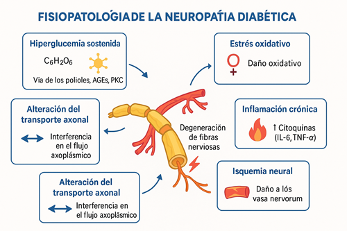 Diagrama de la fisiopatología de la neuropatía diabética. Se muestran los mecanismos clave: hiperglucemia sostenida, estrés oxidativo, inflamación crónica, isquemia neural y alteración del transporte axonal, que en conjunto conducen a la degeneración de fibras nerviosas periféricas.