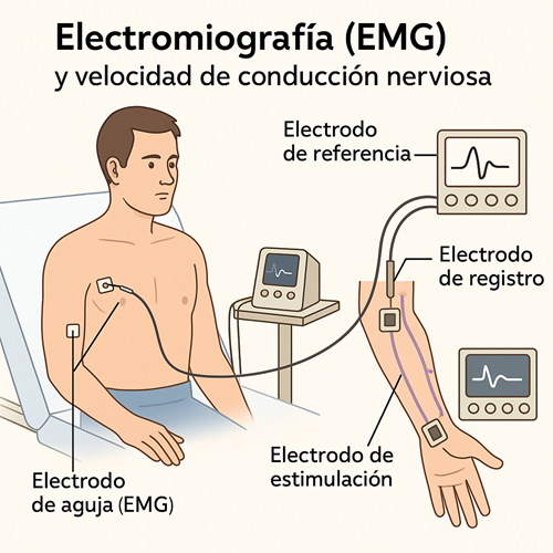 Diagrama ilustrativo de la electromiografía (EMG) y el estudio de velocidad de conducción nerviosa. Se muestran los electrodos de aguja para registrar la actividad muscular y los electrodos de superficie para evaluar la conducción de los impulsos nerviosos periféricos en el miembro superior.