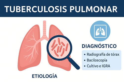 Ilustración médica sobre Tuberculosis Pulmonar. Se muestra un par de pulmones con un enfoque en la presencia del bacilo de Koch (Mycobacterium tuberculosis) mediante una lupa. A la derecha, se enumeran los principales métodos diagnósticos: radiografía de tórax, baciloscopía y pruebas inmunológicas como cultivo e IGRA.