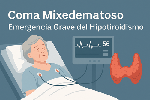 Paciente en coma mixedematoso, una emergencia endocrinológica crítica derivada del hipotiroidismo severo. La imagen muestra una paciente inconsciente con signos de disfunción multisistémica, acompañada de un monitor con bradicardia y una representación de la glándula tiroides, destacando la relación directa entre el fallo tiroideo y el estado clínico grave.