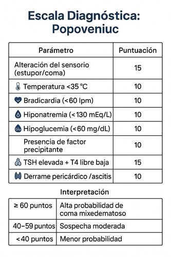 Herramienta clínica que asigna puntuaciones a parámetros clave como alteración del sensorio, hipotermia, bradicardia e hiponatremia. Una puntuación total ≥60 indica alta probabilidad de coma mixedematoso, y requiere intervención urgente con reposición hormonal y soporte intensivo.