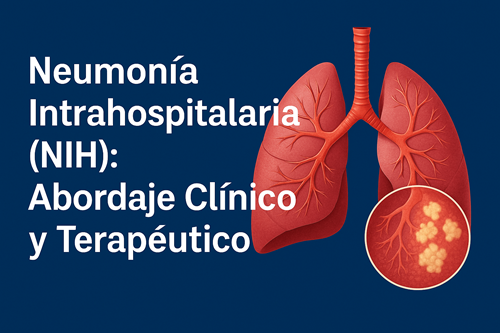 🫁 Ilustración anatómica de los pulmones con foco en neumonía intrahospitalaria. El recuadro muestra un área inflamada con infiltrado, característico de infección pulmonar adquirida en el hospital.