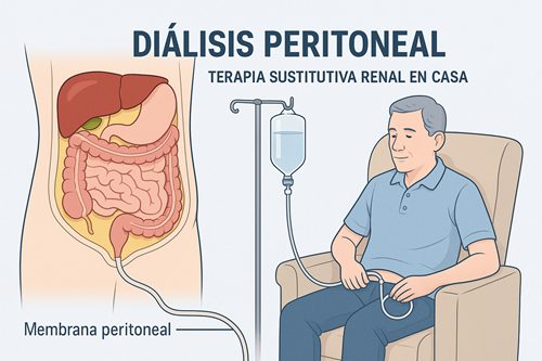 Representación esquemática de la diálisis peritoneal: a la izquierda, la cavidad abdominal con el catéter insertado en la membrana peritoneal; a la derecha, paciente realizando diálisis ambulatoria en casa. Esta terapia permite una depuración renal continua fuera del hospital.