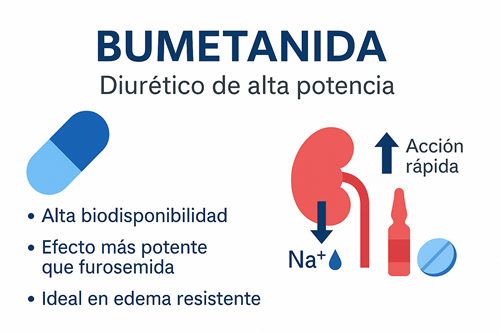 Representación visual de la bumetanida como diurético de alta potencia, mostrando su acción rápida sobre el riñón y su utilidad en casos de edema resistente.