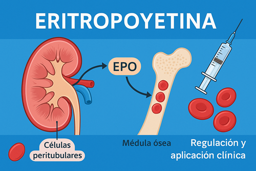 Representación esquemática de la producción y acción de la eritropoyetina (EPO): desde las células peritubulares del riñón hasta la estimulación de la médula ósea para la formación de glóbulos rojos. Relevancia clínica en el tratamiento de la anemia.