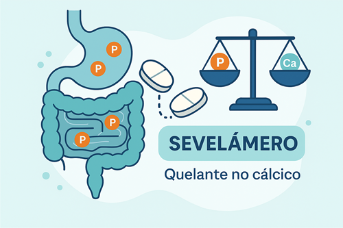 Ilustración del mecanismo de acción de Sevelámero: se muestra cómo las tabletas capturan fósforo en el intestino, ayudando a mantener el equilibrio mineral sin aumentar el calcio sérico, ideal para pacientes con enfermedad renal crónica.