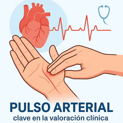 Evaluación clínica del pulso radial: herramienta clave en la valoración cardiovascular. La palpación adecuada permite detectar alteraciones en la frecuencia, ritmo y amplitud del pulso arterial.