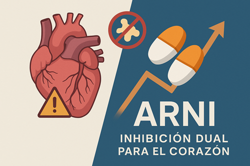 Ilustración comparativa del efecto de los inhibidores de la neprilisina en la insuficiencia cardíaca: a la izquierda, un corazón con signos de disfunción; a la derecha, la representación de la terapia ARNI (sacubitrilo/valsartán) con inhibición enzimática y mejoría clínica, simbolizada por una flecha ascendente.