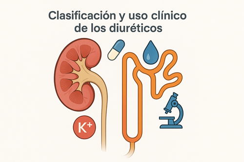 Ilustración anatómica del riñón y la nefrona con representación de los principales grupos de diuréticos y su sitio de acción. Útil para comprender la clasificación y aplicación clínica de los diuréticos en medicina interna.