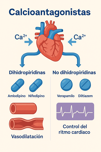 Representación visual de los calcioantagonistas: las dihidropiridinas (como amlodipino y nifedipino) actúan principalmente sobre vasos sanguíneos produciendo vasodilatación, mientras que los no dihidropiridínicos (verapamilo y diltiazem) tienen mayor efecto sobre el control del ritmo cardíaco.