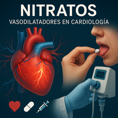Representación visual del uso clínico de los nitratos: acción vasodilatadora sobre el corazón, administración sublingual y vía intravenosa. Ideal para comprender su papel en angina, insuficiencia cardíaca y síndromes coronarios agudos.