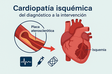 Ilustración médica que muestra una arteria coronaria con placa aterosclerótica y un corazón con áreas de isquemia miocárdica. Representa la fisiopatología central de la cardiopatía isquémica, desde la obstrucción coronaria hasta la afectación del músculo cardíaco. Ideal para educación médica y análisis clínico.