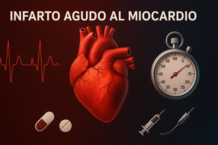 Ilustración médica representando un Infarto Agudo al Miocardio: corazón con área isquémica resaltada, ECG con elevación del ST, cronómetro simbolizando la urgencia del tratamiento, e iconos de medicamentos y catéter como parte del abordaje terapéutico.