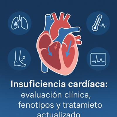 Representación esquemática de la insuficiencia cardíaca con ilustración del corazón dividido en fenotipos clínicos (ICFER e ICFEP), acompañada de iconos que simbolizan síntomas clave como edema pulmonar, fatiga, congestión periférica y alteraciones hemodinámicas.