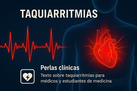Ilustración médica digital que representa una taquiarritmia, con trazo electrocardiográfico acelerado, corazón iluminado en el tórax y símbolo de desfibrilador.