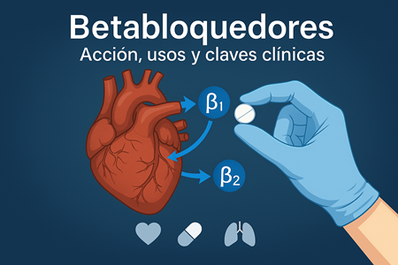 Ilustración educativa sobre los betabloqueadores, mostrando su acción sobre los receptores β1 y β2 en el corazón, su uso clínico y farmacológico en el tratamiento de enfermedades cardiovasculares.