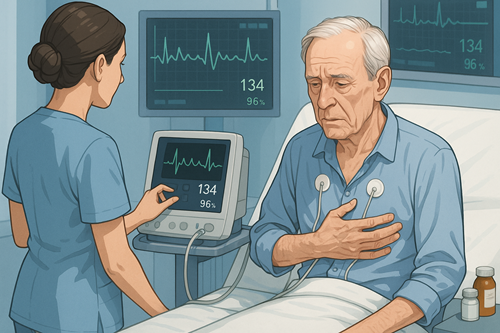 Paciente adulto mayor con fibrilación auricular, monitoreado en urgencias. El electrocardiograma muestra ritmo irregular con frecuencia elevada (134 lpm), característico de una FA con respuesta ventricular rápida. La atención médica oportuna es clave para prevenir complicaciones tromboembólicas y hemodinámicas.