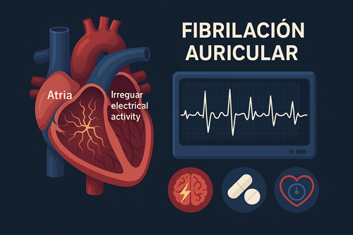 Ilustración médica de la fibrilación auricular. A la izquierda, un corazón humano muestra actividad eléctrica desorganizada en la aurícula izquierda. A la derecha, un monitor de ECG refleja el ritmo cardíaco irregular característico de esta arritmia. Los íconos representan el riesgo de evento cerebrovascular, la importancia del tratamiento anticoagulante y el control de la frecuencia cardiaca. Ideal para la educación médica sobre diagnóstico y manejo de la FA.