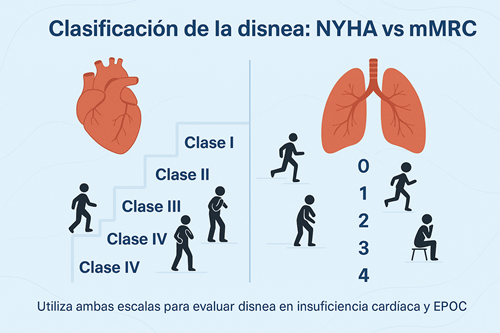 Comparación visual entre la escala NYHA y la escala mMRC para evaluar disnea en insuficiencia cardíaca y EPOC. La NYHA clasifica en cuatro clases funcionales según el esfuerzo físico, mientras que la mMRC evalúa la disnea en actividades cotidianas. Ambas escalas son útiles para el diagnóstico y seguimiento integral del paciente.