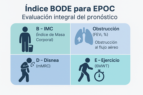 Infografía médica que resume los componentes del índice BODE para EPOC: IMC, obstrucción al flujo aéreo (FEV₁ %), disnea (escala mMRC) y capacidad funcional (prueba de caminata de 6 minutos). Herramienta integral para evaluar pronóstico en pacientes con enfermedad pulmonar obstructiva crónica.