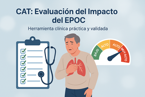 Ilustración clínica del COPD Assessment Test (CAT), mostrando a un paciente con disnea, pulmones sobreimpresos, un estetoscopio y un medidor de impacto del EPOC.