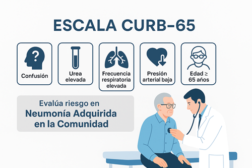 Infografía médica de la Escala CURB-65, utilizada para evaluar la severidad de la neumonía adquirida en la comunidad. Se muestran los cinco criterios clínicos junto a un médico valorando a un paciente adulto mayor