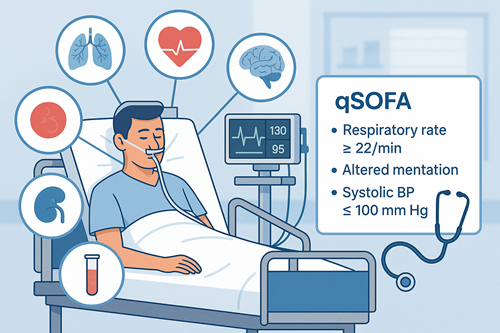 Infografía médica que representa a un paciente en UCI con criterios de qSOFA visibles y sistemas orgánicos evaluados en la escala SOFA