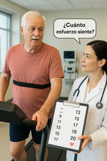 Evaluación de esfuerzo en rehabilitación cardiaca con la Escala de Borg. La percepción del paciente guía la intensidad del ejercicio supervisado.