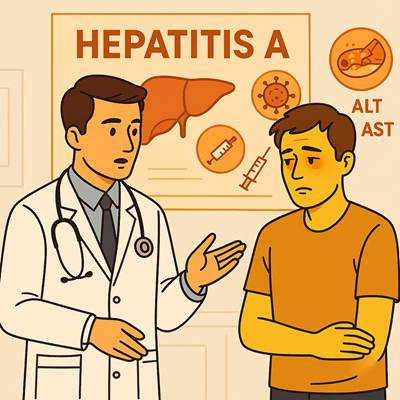 Médico explicando el diagnóstico de hepatitis A a un paciente con ictericia; al fondo, ilustración del hígado y elementos clave como virus, vacuna y elevación de ALT/AST.