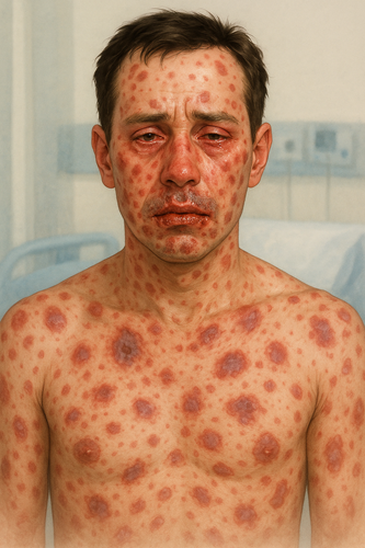 Paciente masculino con Síndrome de Stevens-Johnson: se observan lesiones cutáneas eritematosas con zonas de necrosis, ampollas flácidas y erosiones en cara y tórax. Notable afectación mucosa con queilitis hemorrágica y conjuntivitis bilateral. Representación clínica típica de una reacción mucocutánea severa inducida por fármacos