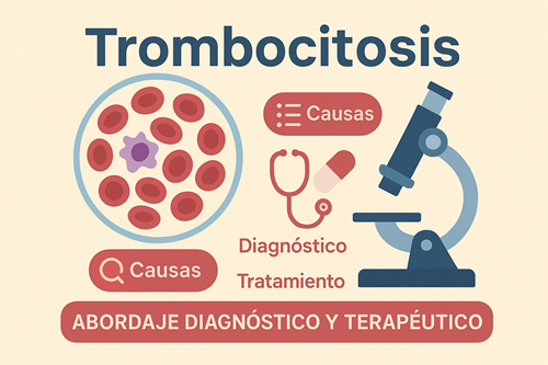 Ilustración educativa sobre trombocitosis que muestra un frotis sanguíneo con plaquetas aumentadas, un microscopio y elementos clave del abordaje clínico: causas, diagnóstico y tratamiento. Ideal para médicos y estudiantes de medicina.
2/2
Preguntar a CatGPT