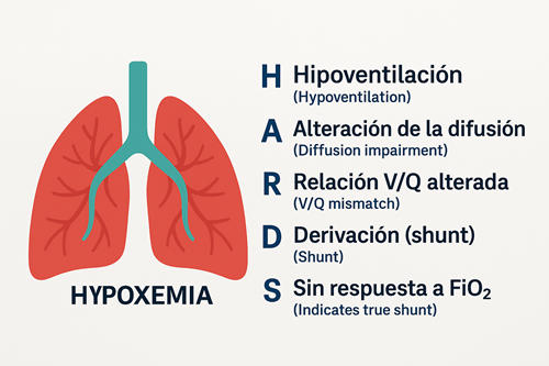 Representación gráfica del acrónimo HARDS, que resume las principales causas de hipoxemia: Hipoventilación, Alteración de la difusión, Relación ventilación/perfusión alterada, Derivación (shunt) y Sin respuesta a FiO₂. Cada componente se vincula con su mecanismo fisiopatológico y su respuesta al oxígeno suplementario.