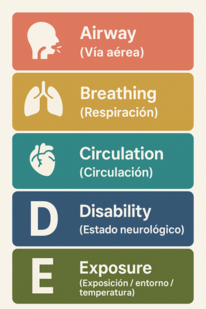Infografía educativa que resume el enfoque ABCDE para la evaluación inicial del paciente crítico:
🅰️ Airway (Vía aérea)
🅱️ Breathing (Respiración)
🅲 Circulation (Circulación)
🅳 Disability (Estado neurológico)
🅴 Exposure (Exposición / entorno / temperatura)
Incluye iconos representativos para facilitar la memorización y el aprendizaje visual en entornos clínicos. Ideal para uso en urgencias y cuidados intensivos.