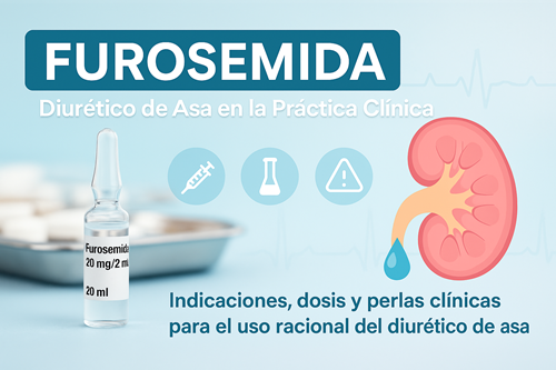 Representación médica del uso clínico de la furosemida como diurético de asa. Incluye una ampolleta de furosemida, iconografía médica y un riñón ilustrado que simboliza su mecanismo de acción sobre la nefrona.