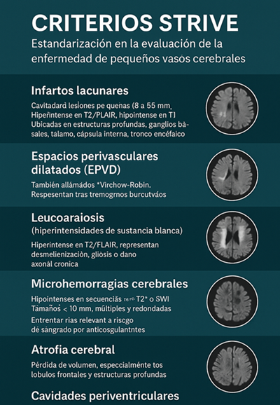 Infografía médica que resume los criterios STRIVE para la evaluación por resonancia magnética de la enfermedad de pequeños vasos cerebrales, incluyendo los seis hallazgos clave: infartos lacunares, espacios perivasculares dilatados, leucoaraiosis, microhemorragias cerebrales, atrofia cerebral y cavidades periventriculares. Ideal para su uso en docencia e interpretación clínica.