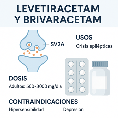 Ilustración de los medicamentos Levetiracetam y Brivaracetam, mostrando su acción en la proteína SV2A, principales usos, dosis y contraindicaciones.