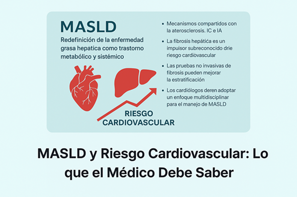 MASLD y riesgo cardiovascular: conexión entre hígado y corazón. La fibrosis hepática y la disfunción metabólica son impulsores clave del daño cardiovascular.
