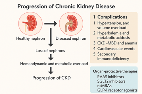 Progresión de la enfermedad renal crónica: de la pérdida de nefronas a la sobrecarga hemodinámica y metabólica, con sus principales complicaciones y estrategias terapéuticas protectoras
