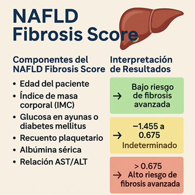 Infografía médica del NAFLD Fibrosis Score, mostrando sus componentes clínicos y bioquímicos junto con la interpretación de resultados según puntos de corte para estratificar el riesgo de fibrosis hepática.