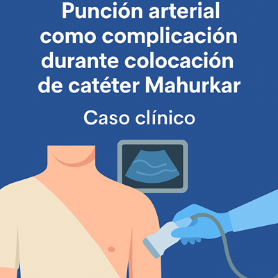Ilustración médica que muestra la colocación de un catéter venoso central tipo Mahurkar guiado por ultrasonido, destacando la complicación de punción arterial como evento clínico relevante