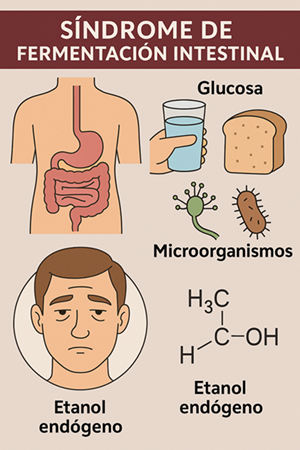 Representación del síndrome de fermentación intestinal: la glucosa ingerida es metabolizada por microorganismos en el intestino, produciendo etanol endógeno que puede provocar síntomas de embriaguez sin consumo de alcohol.