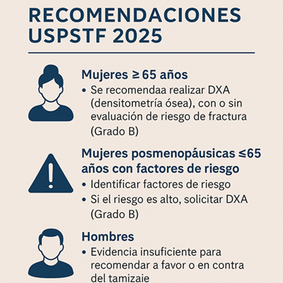Recomendaciones USPSTF 2025 para el tamizaje de osteoporosis: DXA en mujeres ≥65 años y en posmenopáusicas <65 años con factores de riesgo; evidencia insuficiente en hombres.